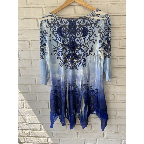 Patchington Blue Size Small Multi Print Asymmetrical‎ Long Sleeve Blouse - Picture 6 of 10